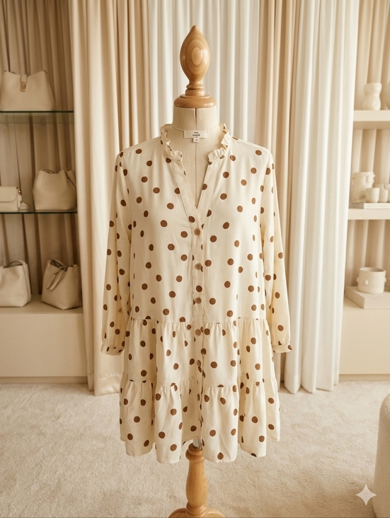 entro Tops - Entro Cream & Brown Polka Dot Oversized Ruffle Blouse Size L